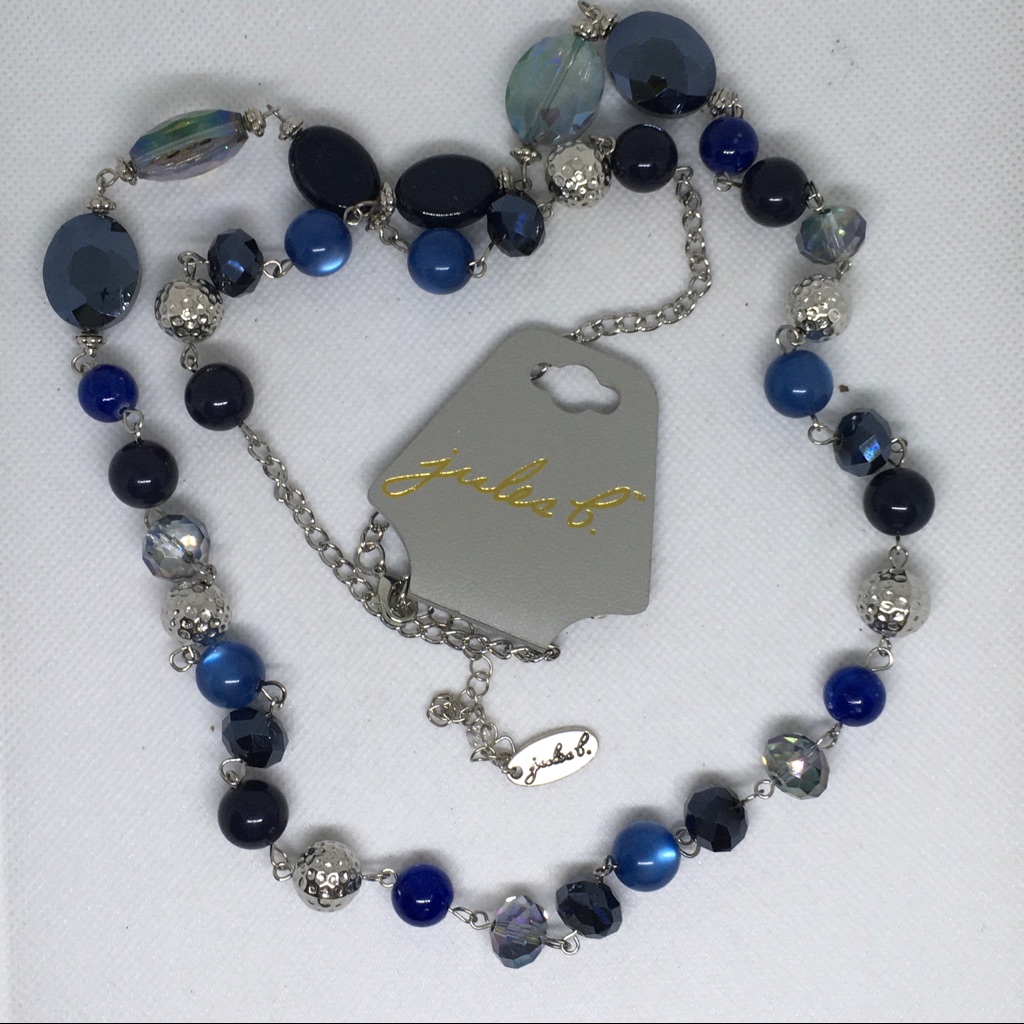 Jules B. Blue Crystal And Beaded Long Necklace, Quality, Nwt